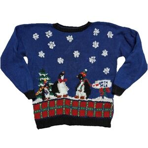 Vintage 90s Erika Christmas Sweater Penguins‎ Blue M Medium Knit Grandma Cottage